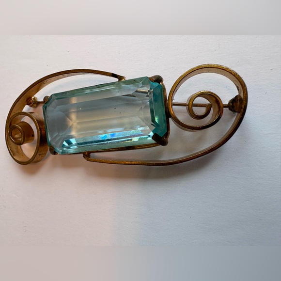 3”x2” Brooch With Blue Emerald Cut Vintage Midcentury Modern faux Aquamarine - Picture 6 of 16